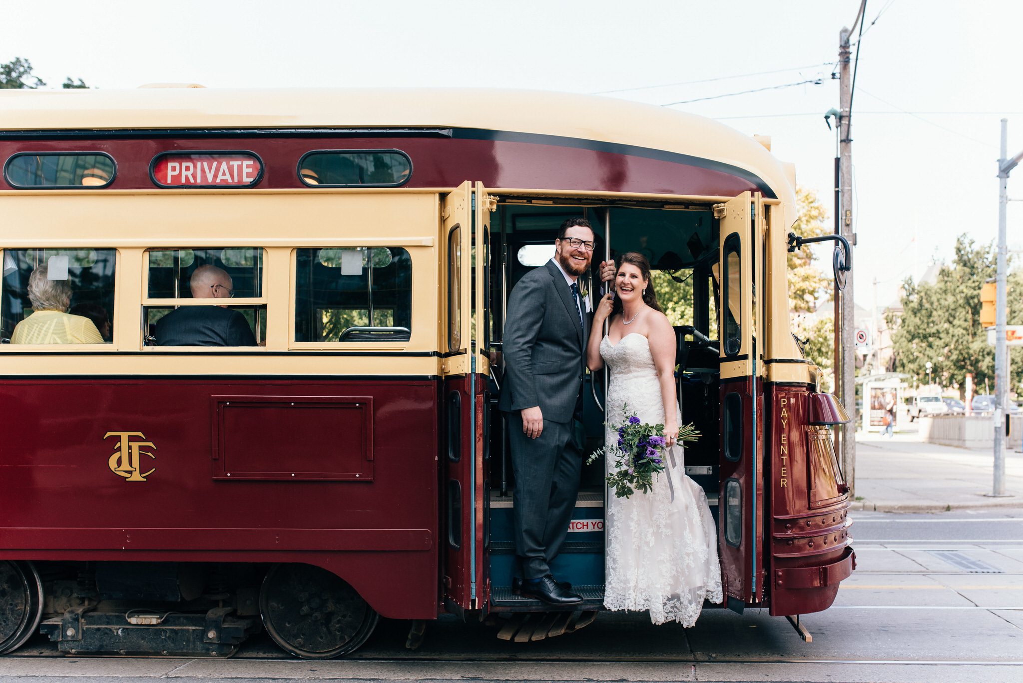 Bride & groom Vintage Toronto Streetcar Wedding